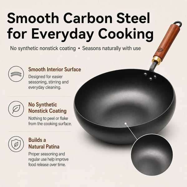 9.5-Inch Carbon Steel Wok with Lid, Flat Bottom Stir Fry Pan | Deep 3.5 QT Bowl for 1–2 Servings; Smooth Carbon Steel Surface; Flat Base for Induction, Gas, Electric and Ceramic Cooktops4