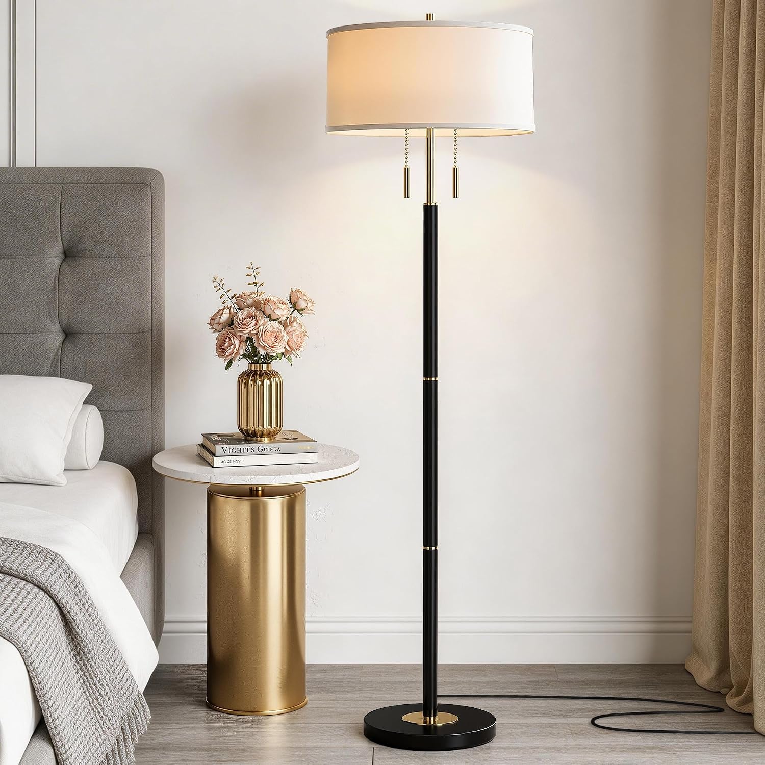 2-light-mid-century-modern-floor-lamp-standing-lamp-with-fabric-shade-and-pull-chain-switch-tall-floor-lamp-for-living-room-bedroom-office-corner-black-2x-3cct-bulb-included