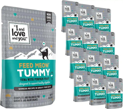 I and LOVE and YOU Feed Meow Tummy Wet Cat Food - Tuna + Pumpkin - Digestion Support, Grain Free, Shredded, 3Oz Pack of 121