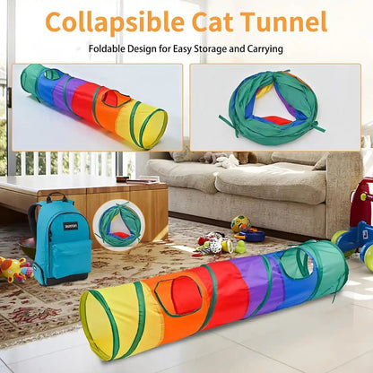 Icagy Cat Tunnel for Indoor Cats Kittens Rabbits, Foldable Tunnel Toys | Interactive Pet Crinkle Pop up Tunnel Play Toys, Relieve Cat Boredom, Rainbow 45"3