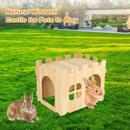BWOGUE Large Wooden Bunny Hideout,Detachable Rabbit Castle for Small Animal | Wooden Rabbit Hideout, Wooden Rabbit Hideaway, Bunny Houses and Hideouts, Two Doors, 2-Story Play & Rest, Indoor Rabbit6