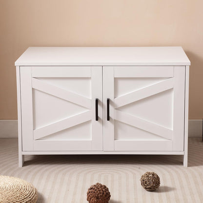 Cat Litter Box Enclosure with Barn Door Wooden Cat Washroom Furniture Litter Box Furniture Hidden End Side Table Pet House Multi Functional Double Cabinet Doors for Bedroom Living White8