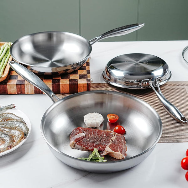 10 Inch Tri-Ply Stainless Steel Frying Pan with Lid,Whole-Clad No Coatings Skillet with Stay-Cool Handle for Cooking,Dishwasher and Oven Safe,Induction Pans2