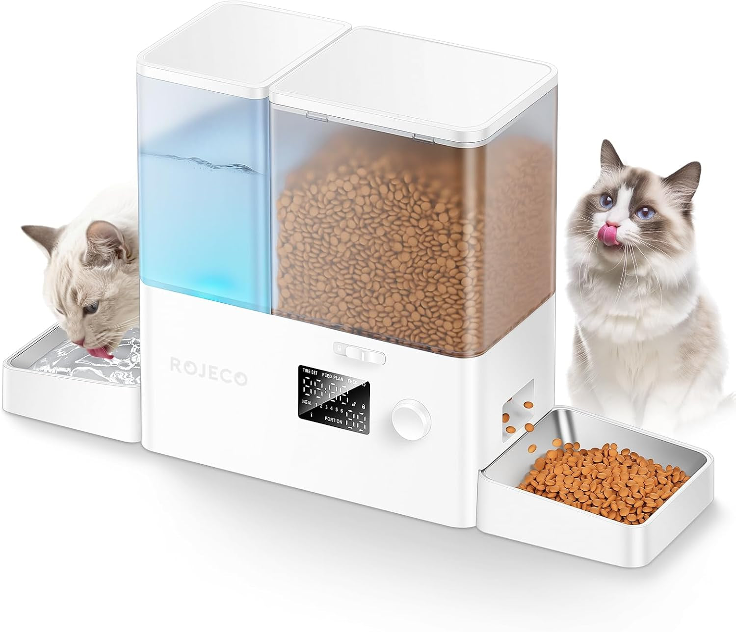 rojeco-36cups-8-5l-pet-automatic-cat-feeder-and-gravity-water-dispenser-stainless-steel-bowls-2-in-1-set-large-capacity-5l-food-feeder-and-3-5l-water-fountain-for-cats-pets-small-dogs-black