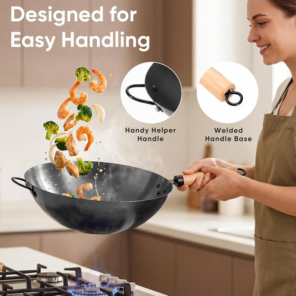 13.5" Carbon Steel Wok Pan, Pre-Seasoned Flat Bottom Wok for Stir Fry, BBQ, Grill & Camping, Compatible with Induction, Electric, Gas and Open Fire, Black4