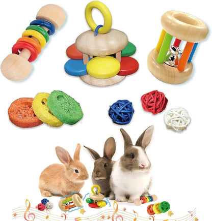 QWR 9PCS Wooden Bunny Toys,Safe Rabbit & Guinea Pigs Teeth Grinding Toy for Chinchillas, Hamsters & Small Animals - Indoor & Outdoor1