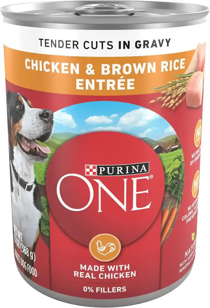 Purina ONE Natural High Protein Dog Food, Tender Cuts in Gravy Chicken and Brown Rice Entrée - 13 Ounce (Pack of 12)1