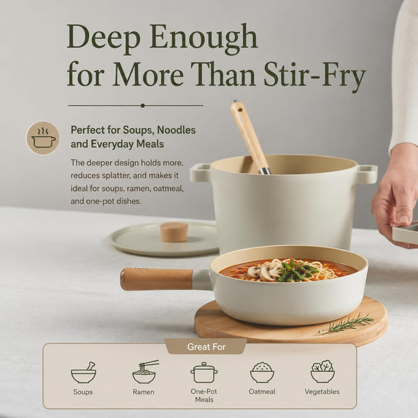 FIKA Small 7-Inch Deep Ceramic Coated Wok Pan, Nonstick Stir Fry & Soup Pan with Natural Wooden Handle, Induction Compatible for All Stovetops, Made in Korea (18Cm)7