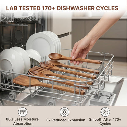 Koppen Dishwasher Safe Wooden Kitchen Utensils Set, 7 Pcs Acacia Wood Spoon Utensils for Nonstick Cookware, Resist Water Absorption & Crack, Long-Lasting, Non-Toxic for Cooking, Spatula, Ladle, Pasta2