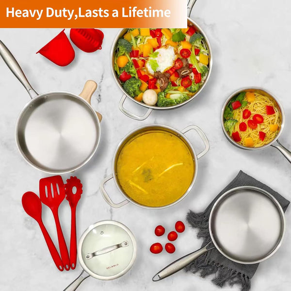 Tri-Ply Stainless Steel Kitchen Cookware Set with Lid,14-Piece Pot | Heats Quickly and Evenly; Compatible with Induction, Gas, Electric, and Ceramic Cooktops.6
