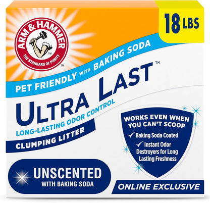 ARM & Hammer Ultra Last Clumping Cat Litter, Unscented, Multicat, 18 Lbs | Clumping Formula, 99% Dust Free, Pet Friendly, Baking Soda Odor Control1