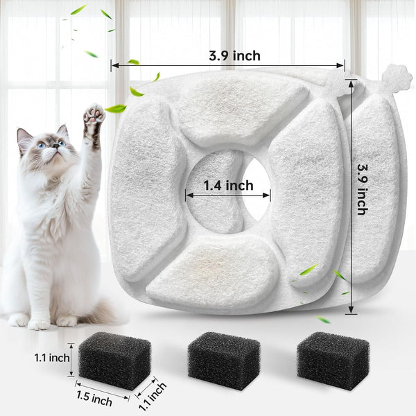 32 Pcs Cat Water Fountain Replacement Filters-16 Pack Cat Fountain Filters with 16 Pack Sponges, Enhanced Compatibility Pet Fountain Filter Fit for 95Oz/2.8L 135Oz/4L 67Oz/2L Pet Drinking Fountain3