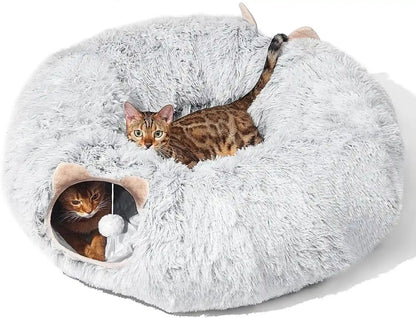 Cat Tunnel with Cat Bed for Indoor Cats, under Christmas Tree Soft Plush Peekaboo Cat Cave Donut Tunnel, Multifunctional Playground Toys Hideplace for Kittens, Rabbit, Ferret (Grey)1