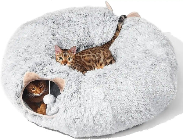 Cat Tunnel with Cat Bed for Indoor Cats, under Christmas Tree Soft Plush Peekaboo Cat Cave Donut Tunnel, Multifunctional Playground Toys Hideplace for Kittens, Rabbit, Ferret (Grey)1