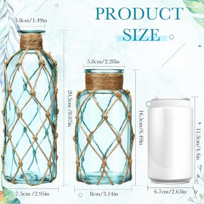 Set of 2 Coastal Glass Flower Vase with Boho Rope, Light Blue | Coastal Vase, Small Sea Glass Jar, Nautical Beach Bottle for Wedding Table Centerpieces Floral Arrangement Decor2
