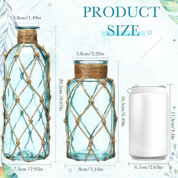 Set of 2 Coastal Glass Flower Vase with Boho Rope, Light Blue | Coastal Vase, Small Sea Glass Jar, Nautical Beach Bottle for Wedding Table Centerpieces Floral Arrangement Decor2