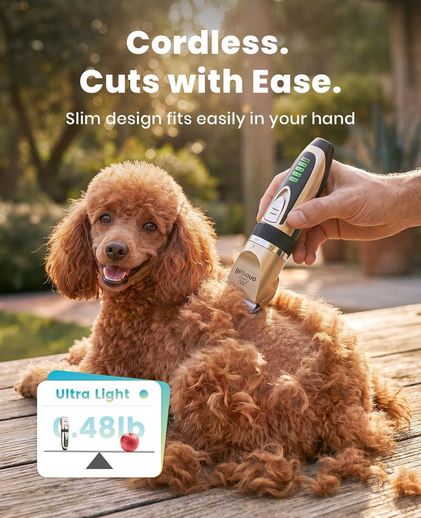 Oneisall Dog Grooming Clippers with LED Display for Dogs & Cats | Low Noise Quiet,2-Speed,Cordless Rechargeable,Fast Charge,Detachable,Waterproof,Battery Level Display, Model X2,Gold6