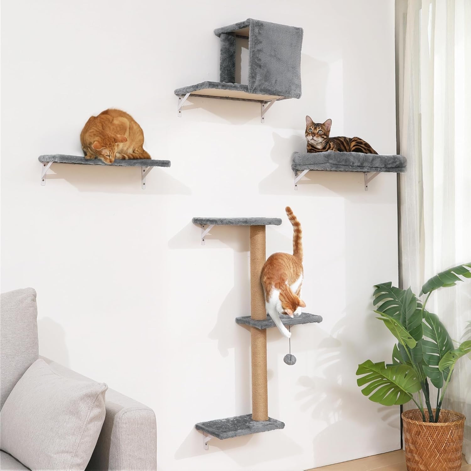 fukumaru-cat-wall-shelves-4-in-1-set-beige-stable-safe-cat-walls-furniture-wooden-kitten-climbing-wall-with-scratching-post-for-16-inch-drywall