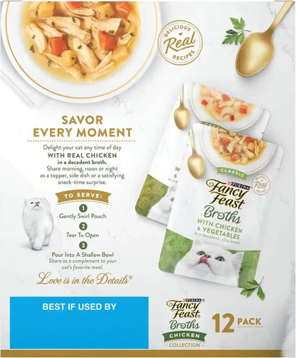 Purina Fancy Feast Chicken Broth Complement Lickable Grain Free Wet Cat Food Variety Pack - (Pack of 12) 1.4 Oz. Pouches8