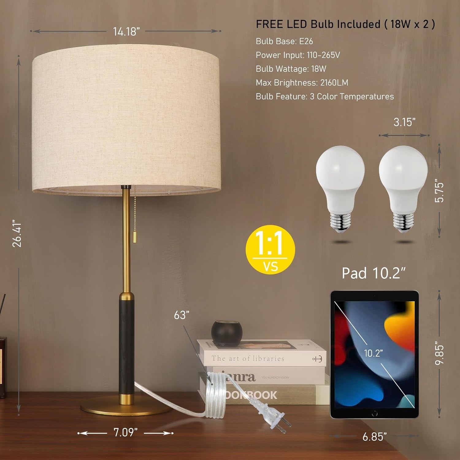 26-4-set-2-pull-chain-table-lamp-modern-mid-century-bedside-lamps-for-living-room-end-tables-3-color-light-for-bedroom-solid-wood-metal-fabric-lamp-for-home-office-desk-light-brown-brass