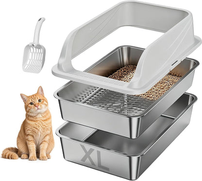 Stainless Steel Sifting Litter Box for Pine Pellets, XL Odor Free | Stainless Steel Litter Box with Lid,Large Capacity，Anti-Leakage, Easy Cleaning, Less Tracking, for Multi-Cat & Big Cats1
