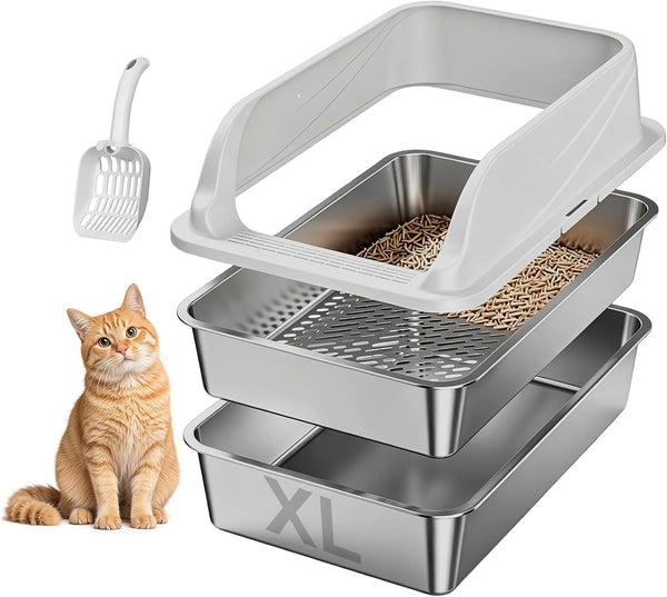Stainless Steel Sifting Litter Box for Pine Pellets, XL Odor Free | Stainless Steel Litter Box with Lid,Large Capacity，Anti-Leakage, Easy Cleaning, Less Tracking, for Multi-Cat & Big Cats1