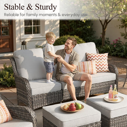 5 Pieces Outdoor Patio Furniture Set,Wicker Conversation Set with Tall Back Couch Swivel Chairs and Solar Table,Gray Wicker/Gray Cushion2