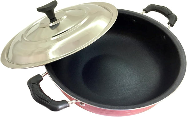 Non Stick Deep Frying Pan Mini Wok Kadai Stir Fry Pan Skillet Kadhai with SS Lid Indian Multipurpose Stewpot Skillet Saute with Stainless Steel Pakkad Combo Set of 21