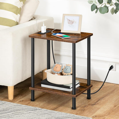 Side Table with Charging Station, Set of 2 End Tables with USB Port and Outlets, Nightstand with 2-Layer Storage Shelves for Small Spaces, Living Room, Bedroom, Rustic Brown BF09UBZP2017