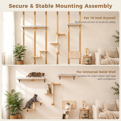 PAWZ Road Cat Wall Shelves, Modern Cat Wall Furniture with Sisal Posts | 5-In-1 Wall Mounted Cat Tree ,Wood Cat Shelves with Long Perch,Cat Wall Climber Holds up to 40Lbs for Large Indoor Cats5