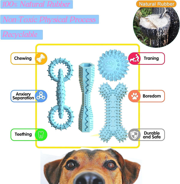 4-Pack Puppy Teething Toys Chew Toys for 0-6 Month Puppies,Blue | Small Medium Dogs Durable Interactive Food Dispensing Bone Ball Donut Dog Boy4
