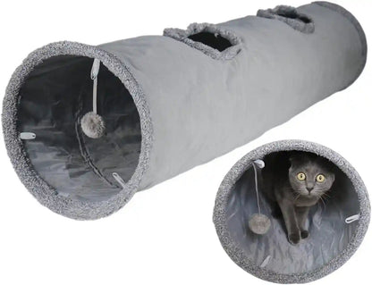 Cat Tunnel for Indoor Cats, 51×12 Inch Foldable Big Cat Tunnel, Grey Suede Pet Tunnels with Two Peepholes and a Bubble Ball1