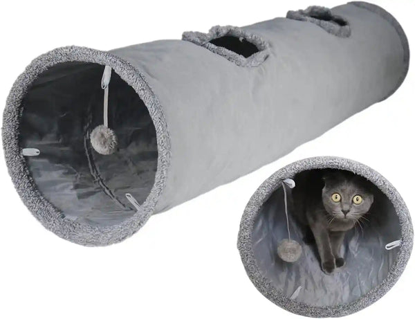 Cat Tunnel for Indoor Cats, 51×12 Inch Foldable Big Cat Tunnel, Grey Suede Pet Tunnels with Two Peepholes and a Bubble Ball1