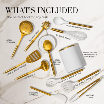 White and Gold Cooking Utensils Set, 13-Piece | Kitchen Set with White Ceramic Utensil Holder and Stackable Gold Spoon Rest - Luxury Kitchen Accessories for Stylish Cooking2
