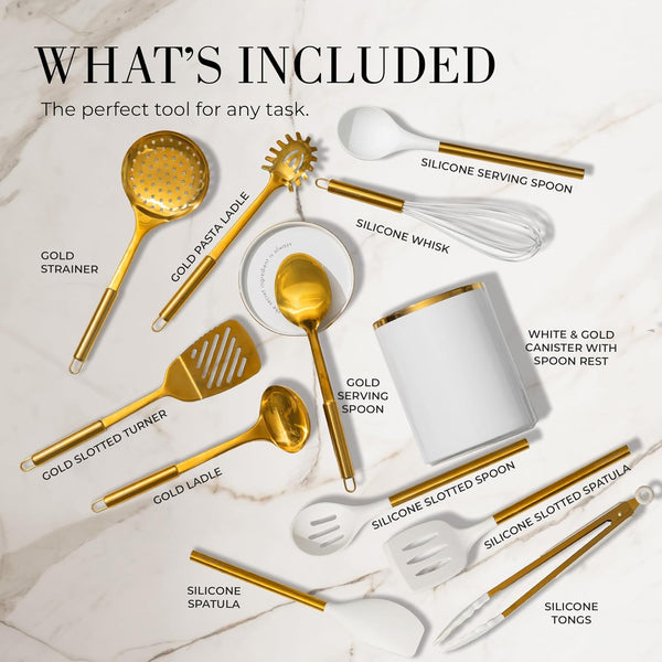White and Gold Cooking Utensils Set, 13-Piece | Kitchen Set with White Ceramic Utensil Holder and Stackable Gold Spoon Rest - Luxury Kitchen Accessories for Stylish Cooking2