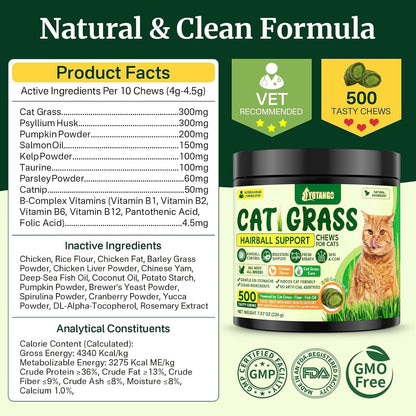 Cat Grass Treats Chews, Cat Treats for Indoor Cats, 500 Hairball Treatment for Cats, Hairball Control, Feline Grass Chews with Fish Oil, Taurine & B Vitamins for Skin & Coat, Digestion & Dental Care11