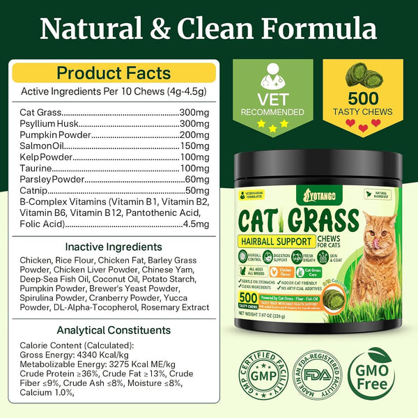 Cat Grass Treats Chews, Cat Treats for Indoor Cats, 500 Hairball Treatment for Cats, Hairball Control, Feline Grass Chews with Fish Oil, Taurine & B Vitamins for Skin & Coat, Digestion & Dental Care11