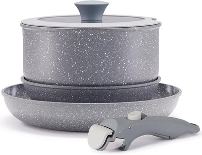 Gray Non Stick Pot and Pan Set with Removable Handle, Ceramic Cookware Set Detachable Handle, 5Pcs Induction Kitchen Camping Stackable Pots Pans, Dishwasher/Oven Safe, PTFE/PFAS/PFOA Free9