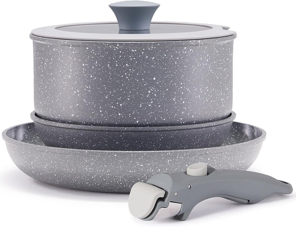 Gray Non Stick Pot and Pan Set with Removable Handle, Ceramic Cookware Set Detachable Handle, 5Pcs Induction Kitchen Camping Stackable Pots Pans, Dishwasher/Oven Safe, PTFE/PFAS/PFOA Free9