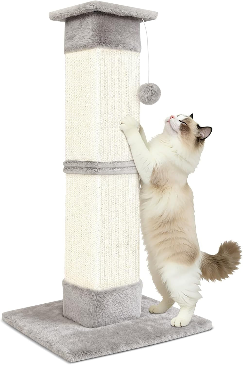 cat-scratching-post-33-inch-for-indoor-cats-sisal-cat-scratcher-vertical-posts-with-dangling-ball-high-cat-scratch-post-cat-tree-for-full-body-stretching-protect-your-furniture-beige-white