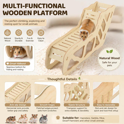 3 Pack Wooden Hamster Play Platform, 3-In-1 Natural Small Pet Playground with Tunnel, Ladder & Hidden Rest Area, Wooden Support Column Cage Accessories for Hamsters, Squirrels & Tiny Pets4