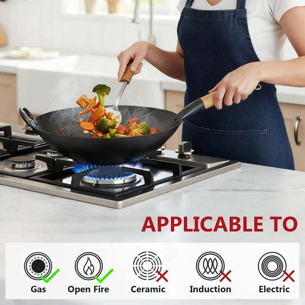 14 Inch Carbon Steel Wok with round Bottom-Free Chemical Cookware for Gas Stoves, Open Fire-Hand Hammered Chinese Traditional Wok with Bamboo Handle(No Lid Included)3