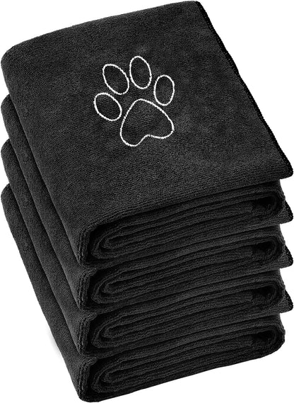 Chumia 4 Pack Dog Towels for Drying Large Microfiber Grooming Tools Absorbent Soft Bath Supplies with Embroidered Paw for Small Medium Pet Products(16 X 32 Inch,Black)1