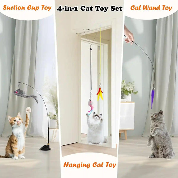 Soarer 4-In-1 Interactive Cat Wand Toy,12Pcs Durable Fishing Pole Cat Feathers Toys Replacements,Enhanced Suction Cup Cat Toy Floor,2 Types Door Hanging Cat String Toys for Indoor Kitten2