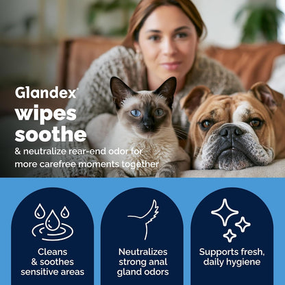 Vetnique Glandex Rear End Wipes for Dogs & Cats, Anal Gland Hygiene | Deodorizing Dog & Cat Wipes for Paws & Butt, Boot the Scoot with Deoplex Enzyme, Aloe & Vitamin E, Alcohol Free, 75Ct3