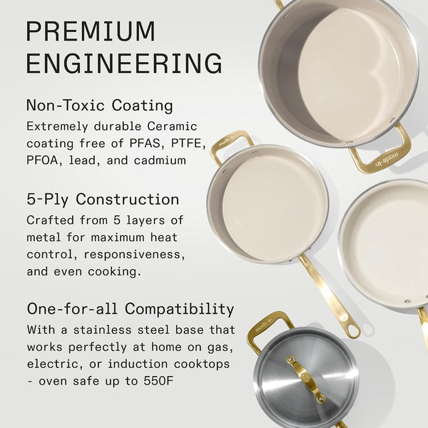 Made in Cookware - 7-Piece Ceramiclad Non Stick Pot and Pan Set (Antique Brass Handle) - 5-Ply Stainless Clad - Professional Cookware - Crafted in Italy - Induction Compatible2