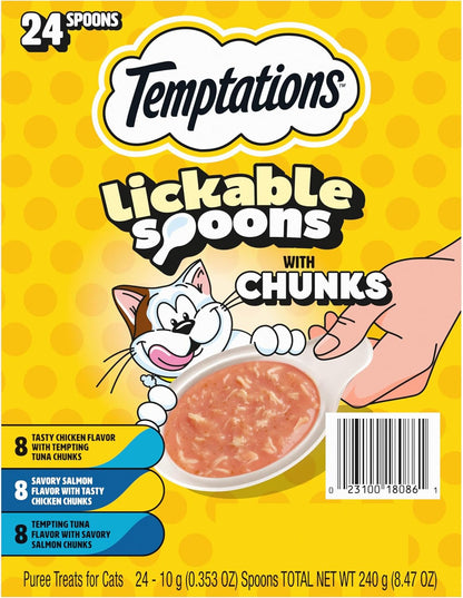 Temptations Lickable Spoons with Chunks Wet Cat Treats, Variety, 24 Count | Mess-Free Puree Spoon, Two Flavors per Spoon, Serve as Treat or Food Topper, Hand-Feed for Bonding, Portioned Serving1