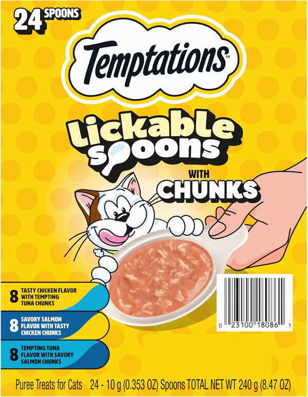 Temptations Lickable Spoons with Chunks Wet Cat Treats, Variety, 24 Count | Mess-Free Puree Spoon, Two Flavors per Spoon, Serve as Treat or Food Topper, Hand-Feed for Bonding, Portioned Serving1