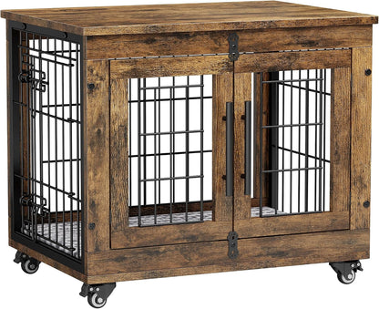 Medium Dog Crate Furniture, 32'' Heavy Duty Kennel W/Cushion & Wheels | Grey, Double Doors, Wooden Dog Cage, Chew-Resistant, End Table, Decorative, 27"/32"/38"/44" Options, Indoor20