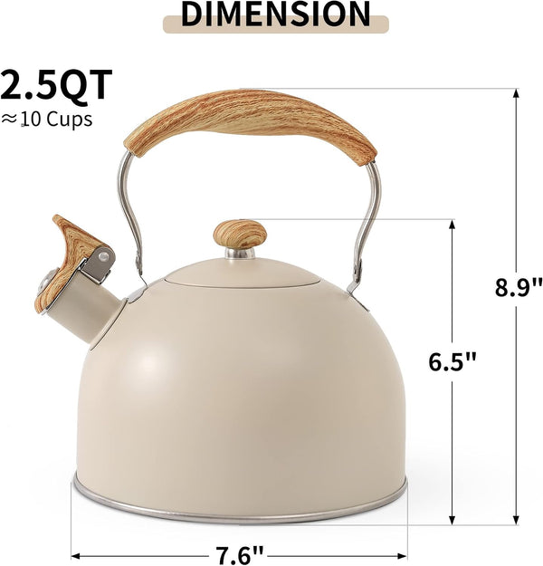 Tea Kettle for Stove Top | 2.5 Quart Whistling Tea Kettle, with Food Grade Stainless Steel and Wood Pattern Folding Handle, Creamy White7